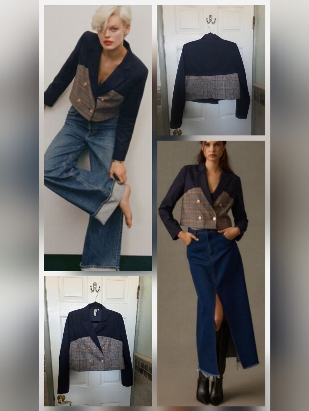 dolan Navy and Brown Plaid Mixed-Media Cropped Blazer Old Money Preppy Medium